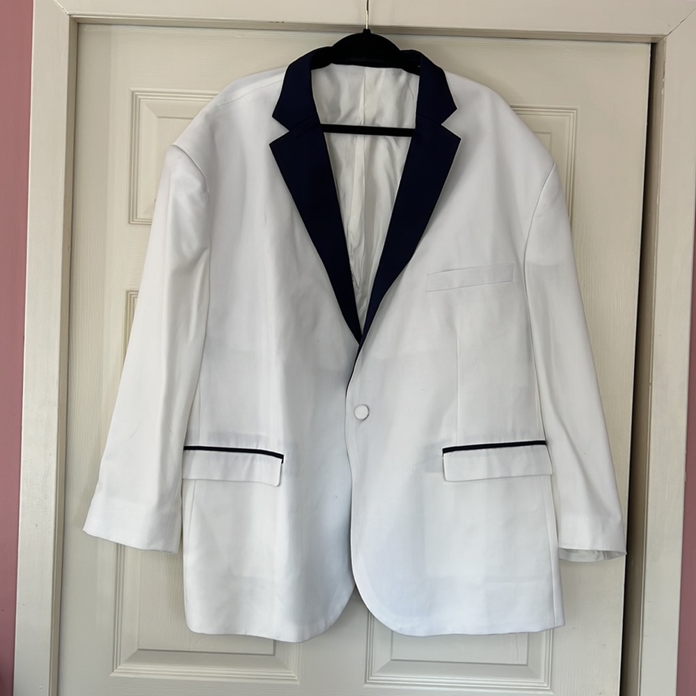 Custom White Tuxedo With Navy Lapel